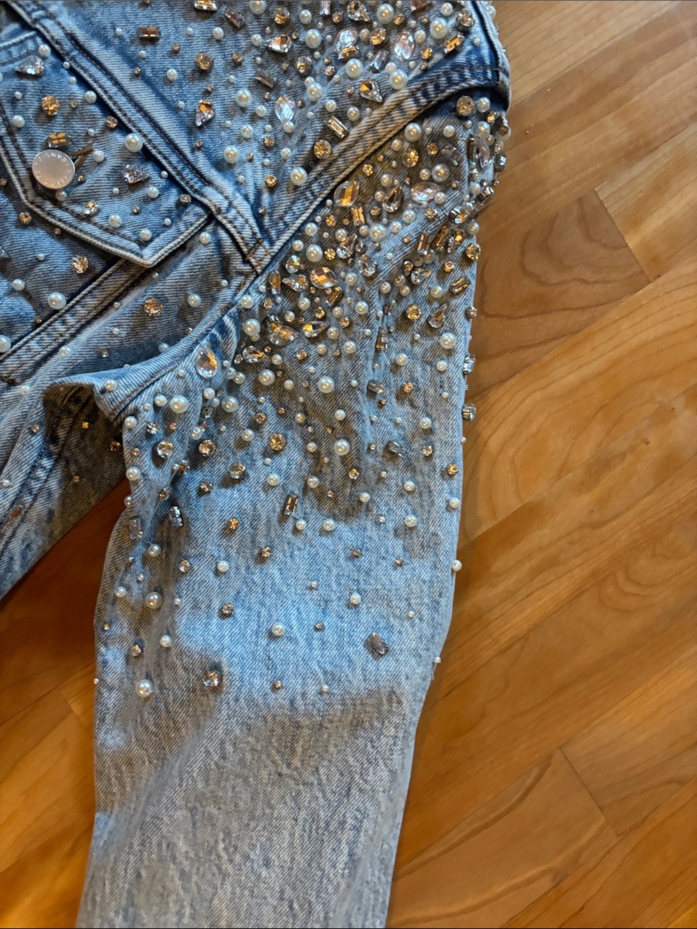 Alice + Olivia Light Blue Pearl-Embellished Denim Jacket - Picture 8 of 16